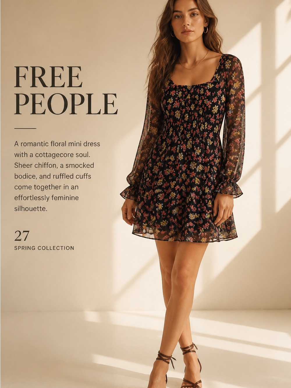 Free People Womens Sz 8 Floral Smocked Long-Sleeve Mini Dress Boho Lightweight